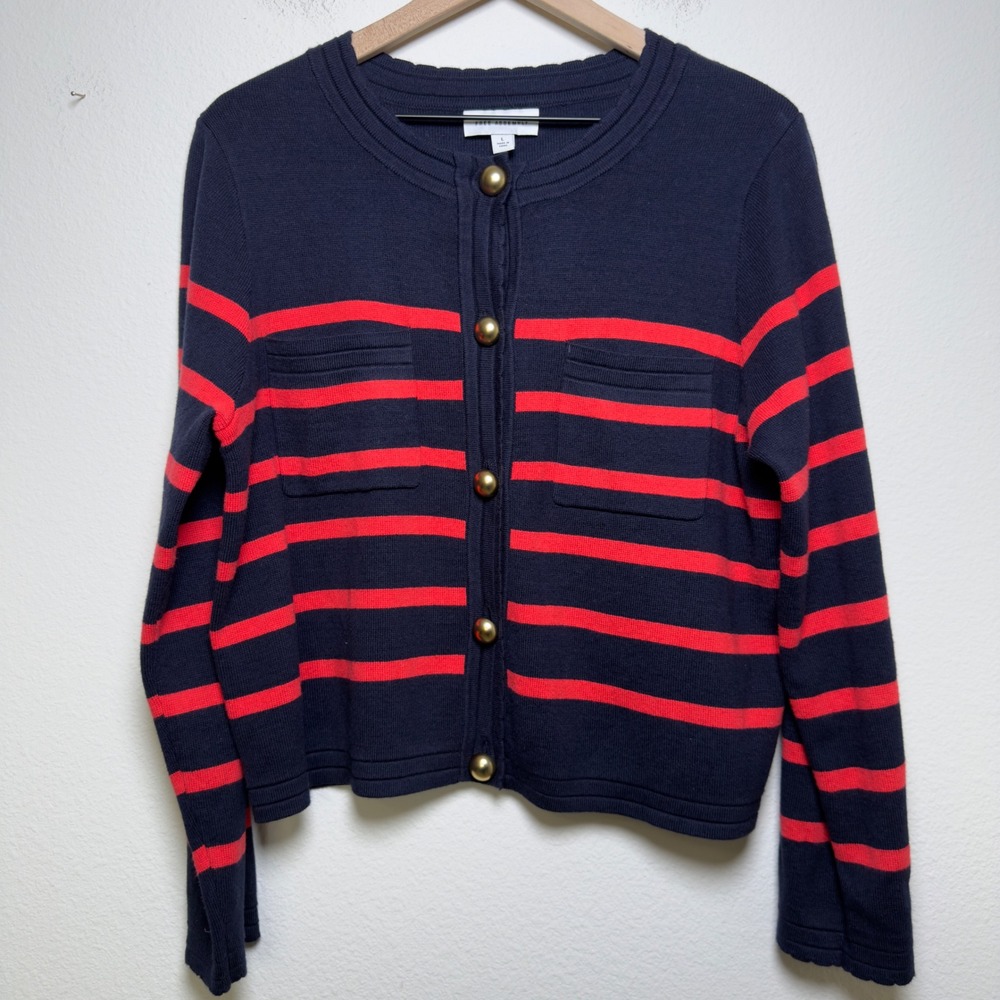 Free Assembly Women Cotton Preppy Cardigan Sweater Blue Striped Gold Nautical